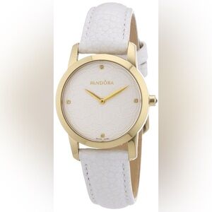 Pandora 18K Gold Plated Fleur Watch with White Leather Strap